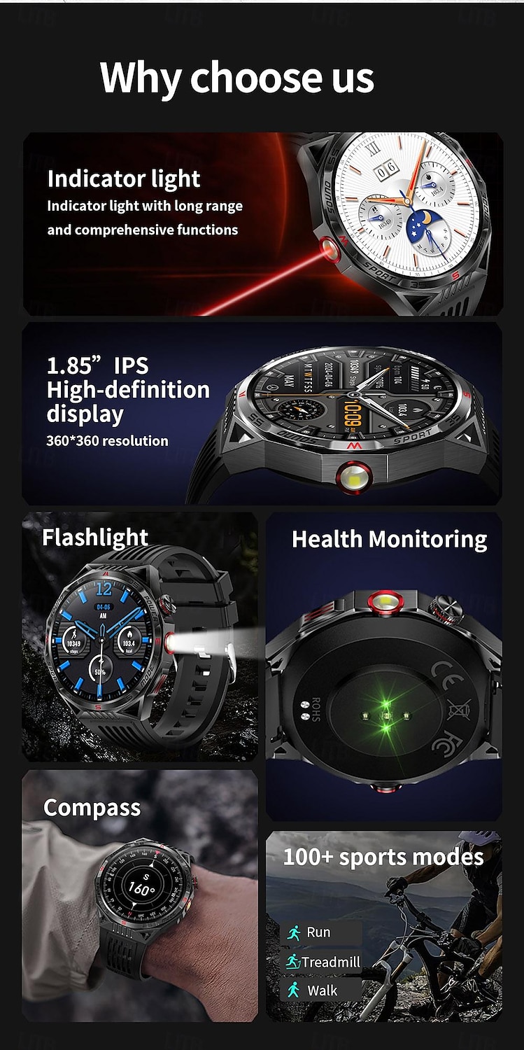 led-zaklamp smart watch heren ht28 buitensporten laserlicht bluetooth pratend kompas smart watch met 450 mah grote batterij 2025 - $59.99 –P3