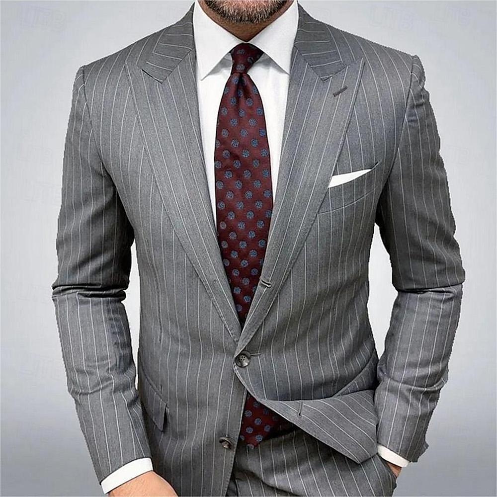 Per uomo Laurea Blazer Affari Cocktail party Ricevimento di matrimonio Moda Casual Primavera & Autunno Poliestere A righe Bottoni Tasca Confortevole Monopetto Giacca Blu Marrone Grigio del 2025 a $54.99 –P3