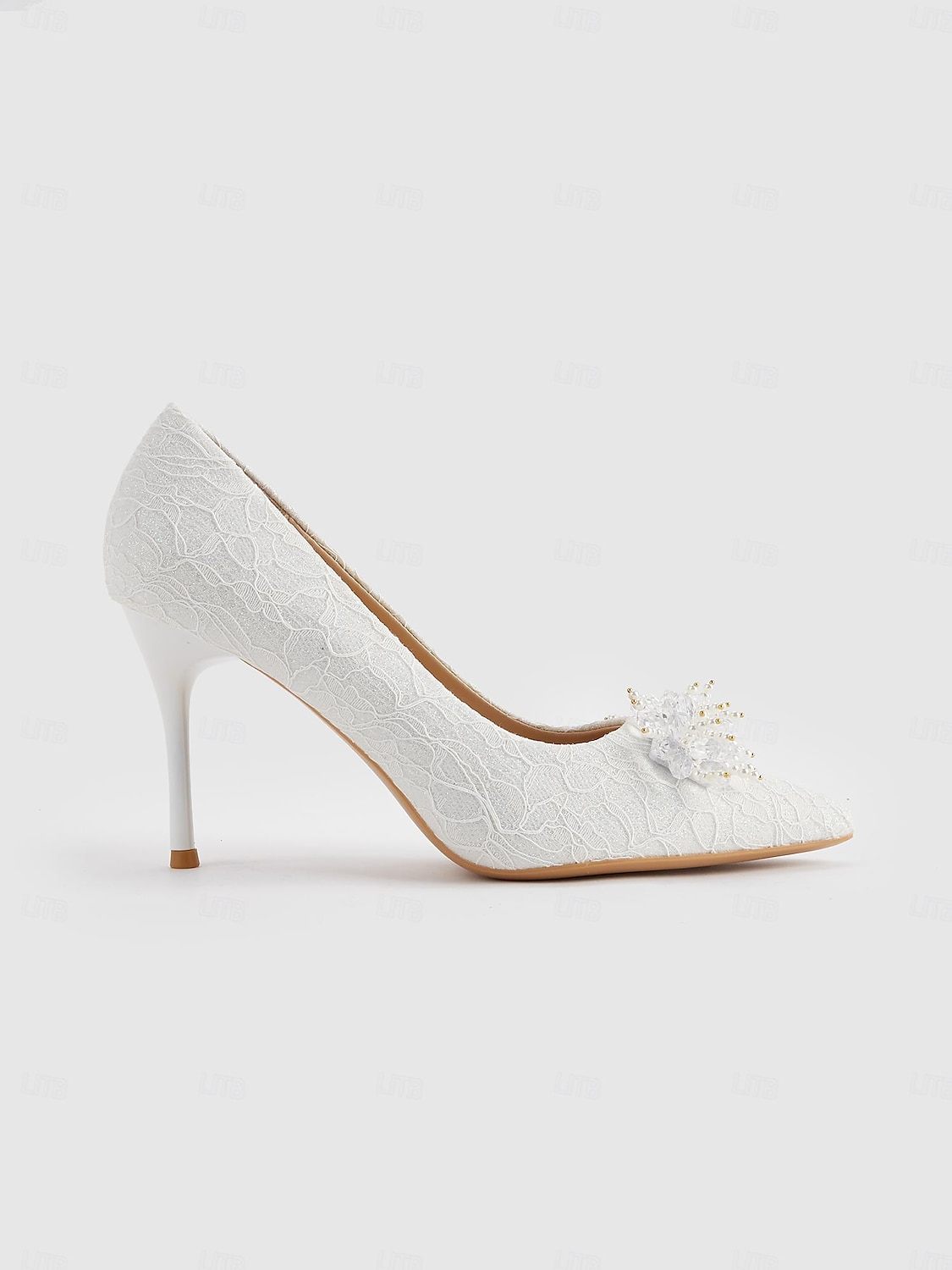 kvinners elegante hvite blonder høyhælte pumps med perler av blomsterapplikasjoner for bryllup og formelle arrangementer 2025 - $59.99 –P2