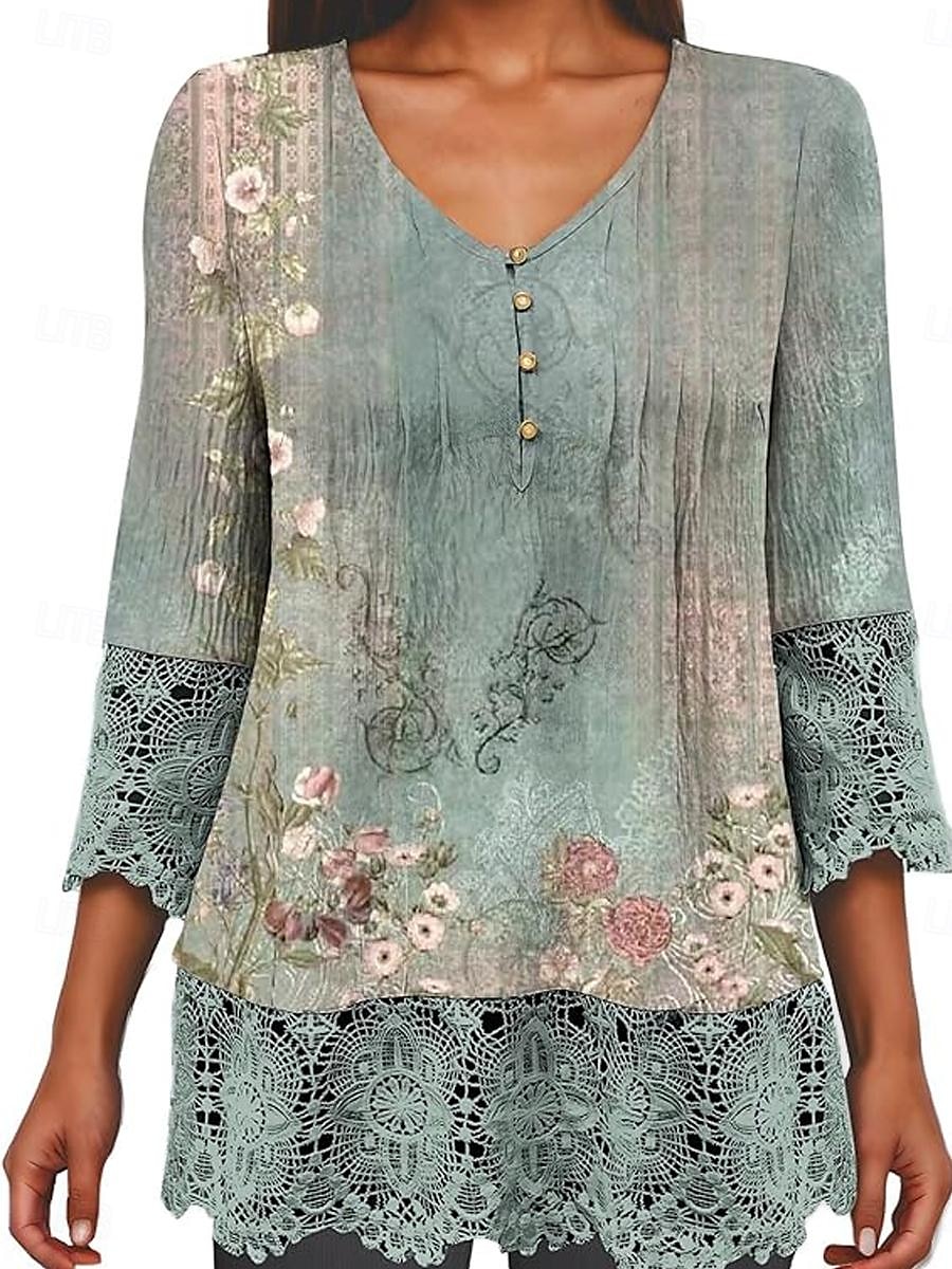 Kvinne Elegant Blonde Topper Eyelet Bluse Avslappet Ombre Blomsterblonde Knapper 3 4 Lengde Erme Reguliære Topper V Hals Daglig Romantisk Petite Topper Sommer Ferie Bruke Svart Rosa Blå Grønn Vår Høst 2025 - $21.99 –P1