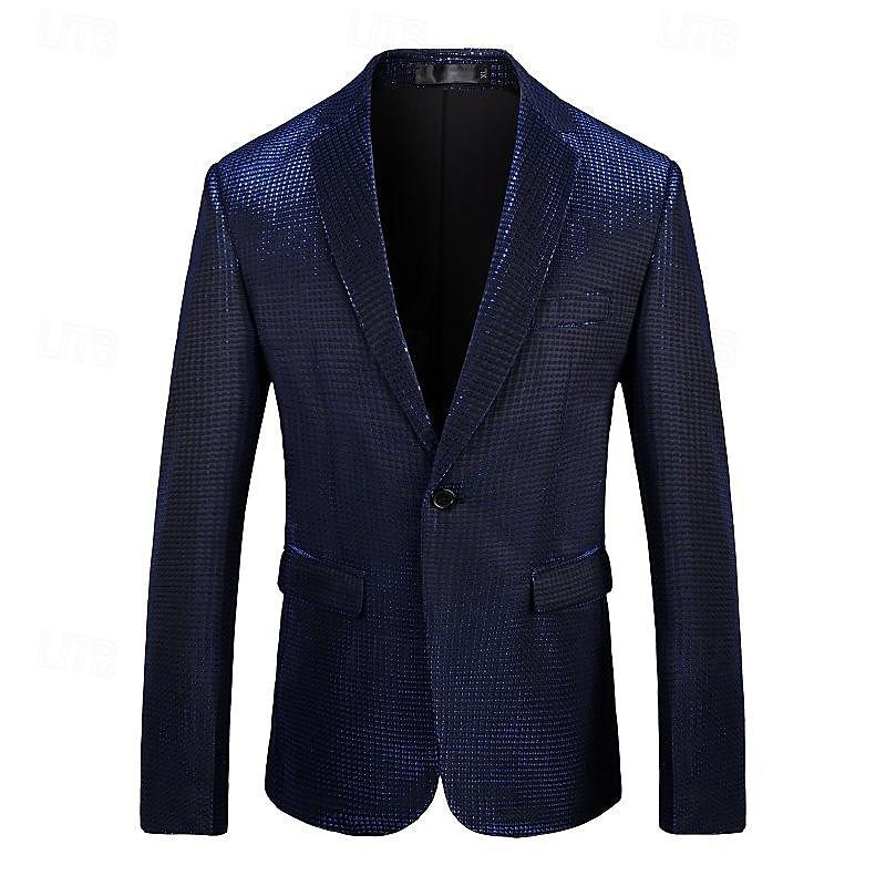 Herre Blazer Formell kveld Fritid / hverdag Søt Alle årstider 65%Cotton 35%Polyester Ensfarget / vanlig farge Paljetter Fritid Bryllup Enkeltkneppet Blazer Sølv Svart Rød Blå 2025 - $83.99 –P12
