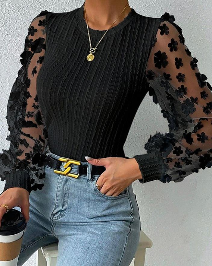 bluză de damă șifon elegant modern plasă de culoare uni mozaic mânecă lanternă mânecă lungă decolteu turn negru alb albastru vară primăvară toamnă 2025 - $27.99 –P5