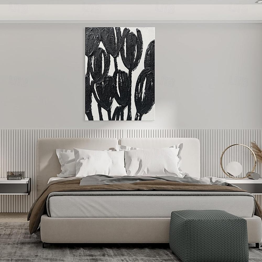 handgemaakte olieverf canvas kunst aan de muur decoratie abstracte textuur zwart-witte bloemen voor huisdecoratie gerold frameloos ongerekt schilderij 2025 - $54.99 –P5