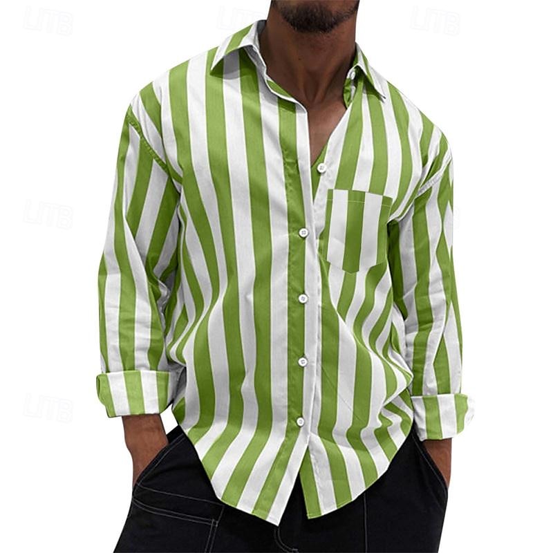 Voor heren Overhemd Zomer overhemd Normaal shirt Strand hemd Overhemd met knopen Gestreepte shirts Zwart Geel Lichtgroen Blozend Roze Koningsblauw Lange mouw Gestreept Revers Vakantie Hawaii 2025 - $22.99 –P7