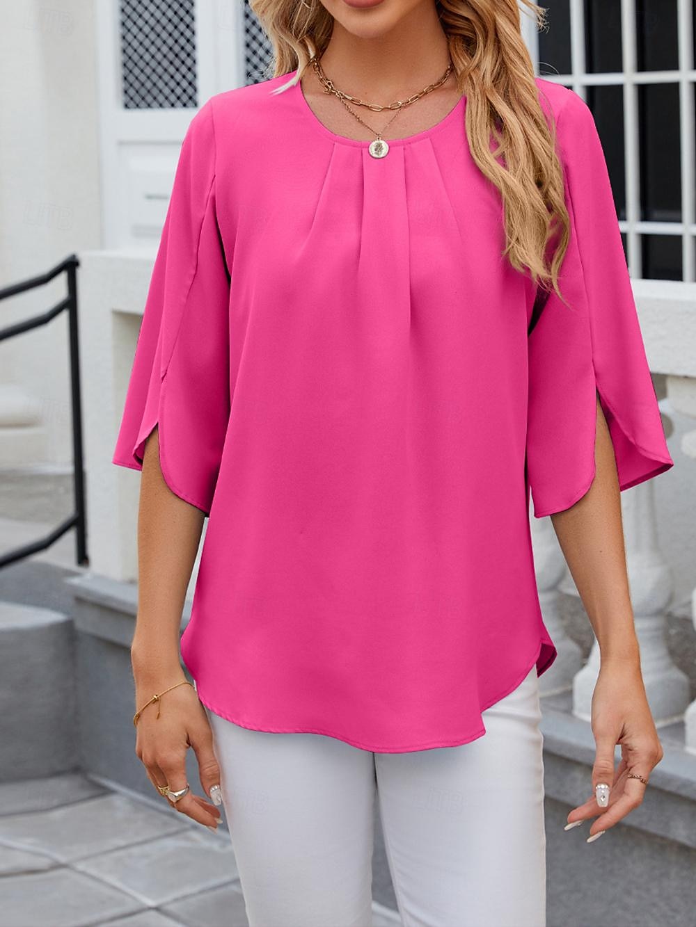 Shirt Blouse Women's White Pink Wine Plain Sexy Street Daily Fashion Round Neck Regular Fit S 2025 - $29.99 –P6
