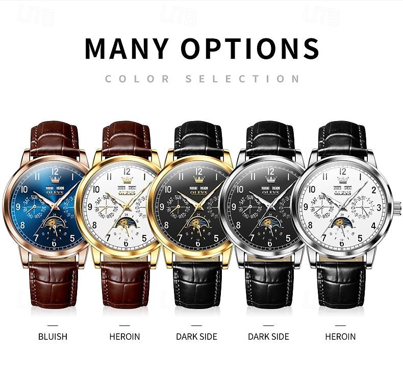 OLEVS Men Mechanical Watch Fashion Business Wristwatch Automatic Self-winding Moon phase Luminous Perpetual Calendar Leather Watch 2025 - $111.99 –P15