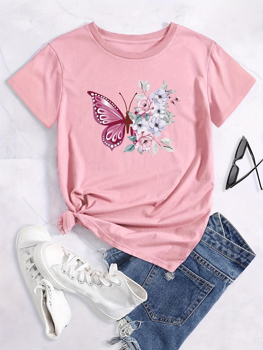 Women's T Shirt Butterfly Casual Short Sleeve Crew Neck Regular Tops Daily Print Pink Summer 2025 - $34.99 –P2