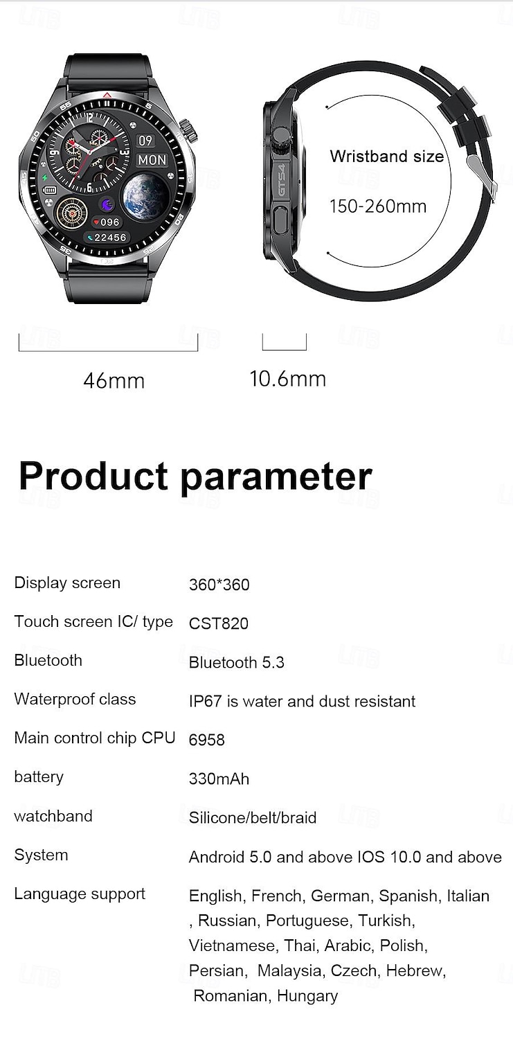 2025年 LT09 スマートウォッチ 1.5 インチ スマート·ウォッチ ブルートゥース 歩数計 着信通知 睡眠サイクル計測器 と互換性があります Android iOS 女性 男性 ハンドフリーコール 防水 メディアコントロール IP 67 46mmの時計ケース コレクション – $34.59 –P14
