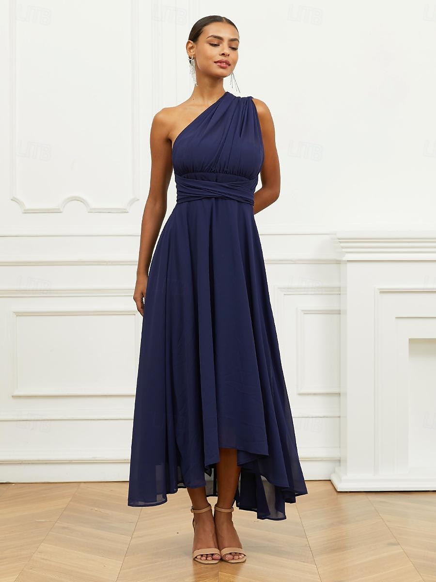 Robe Trapèze Femme Robe mi-longue Ruché Ceinturé robe demoiselle d honneur Soirée Cocktail Elégant Grande occasion Une Epaule Sans Manches Ample bleu marine S M L XL 2XL de 2025 ? $63.99 –P4