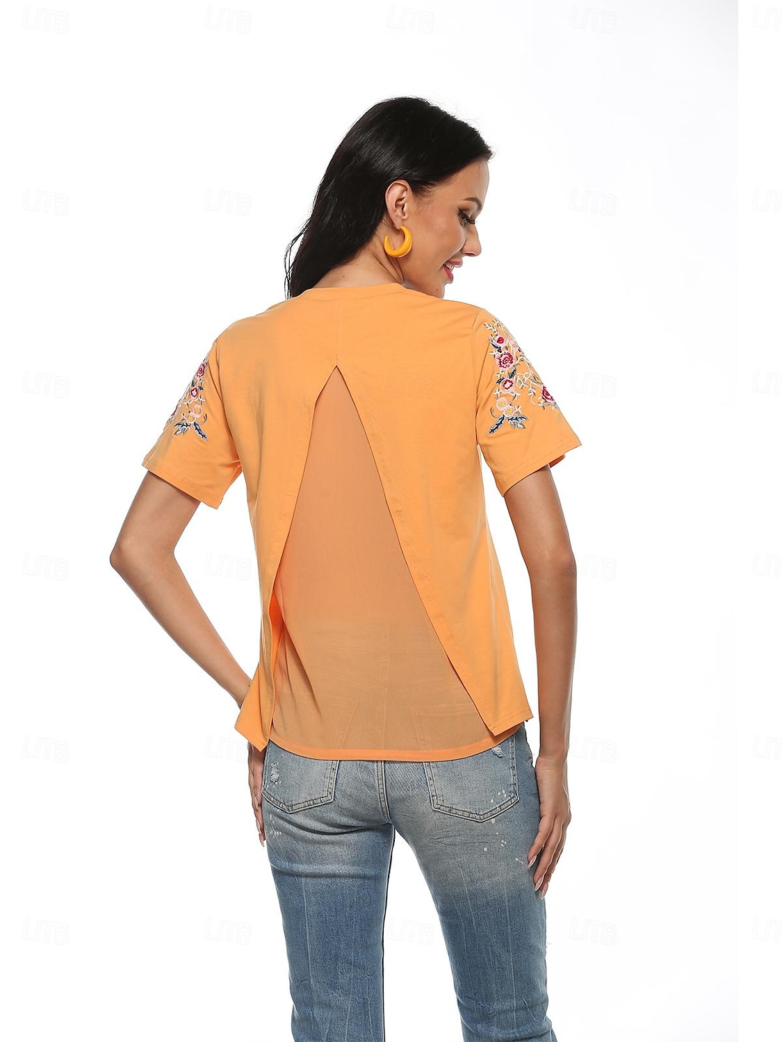 Thanksgiving Day Dame Boho T-skjorte Blomstret Bohem Fritid Kortermet Lanterne Erme V-hals Lange topper Daglig Ut på byen Helg Gul Oransje Vår 2025 - $18.99 –P9