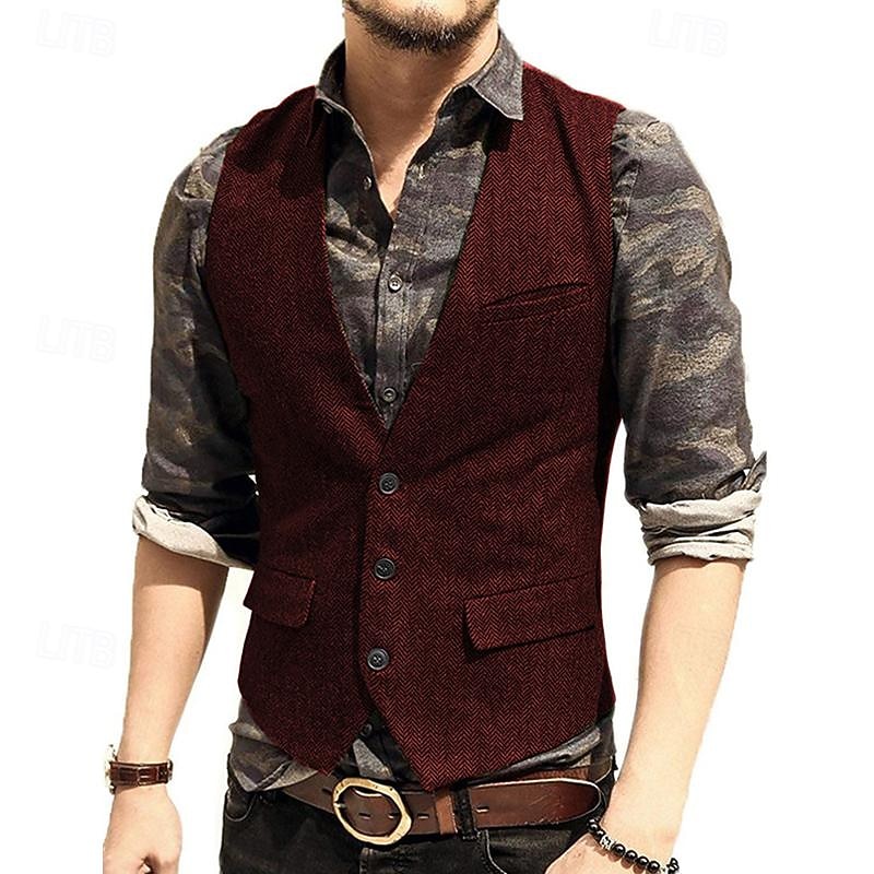 Voor heren Vest Bruiloft Evenement / Feest Dagelijks Modieus Zakelijk Lente zomer nappi Zak Polyester Comfortabel Effen Kleur Enkele knoopsluiting één knoop V-hals Normale pasvorm Zilver Donker Bruin 2025 - $38.99 –P10