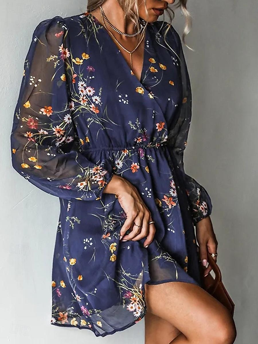 Damen Freizeitkleid formelles Kleid Blumendruck V-Ausschnitt Minikleid stilvoll lässig täglich Date Langarm Sommer 2025 - $33.99 –P10