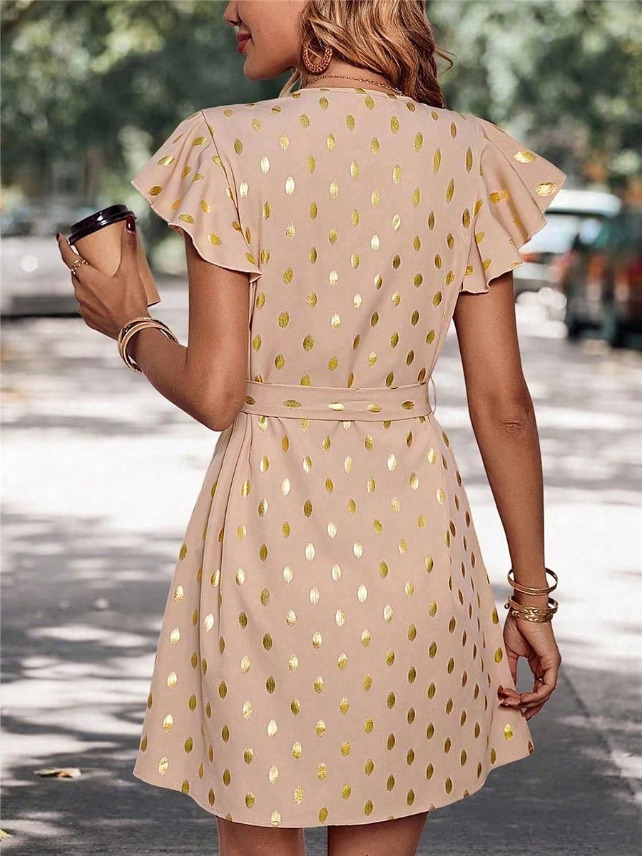 robe décontractée pour femme à pois, fermeture éclair, imprimé, col en V, mini robe élégante, décontractée, rendez-vous quotidien, manches courtes, été de 2025 ? $41.99 –P14