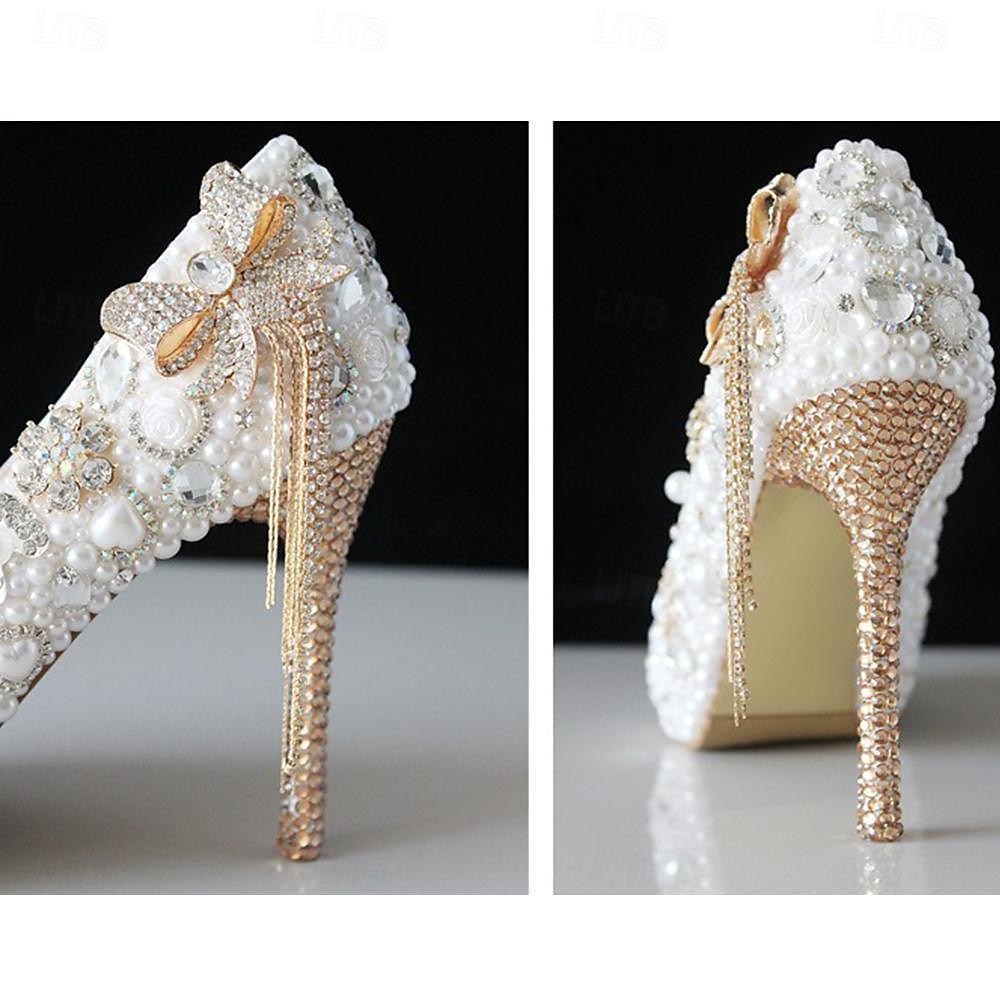 Elegant White Rhinestone and Pearl Bridal Heels for Women – Wedding Shoes with Crystal-Embellished Stiletto and Bow Detail 2025 - $89.99 –P2