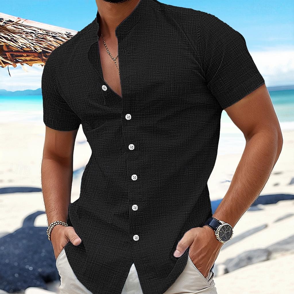 Per uomo Camicia Camicia di lino Camicia Estiva Abbigliamento da spiaggia Camicia con colletto alla coreana Camicia con Bottoni Semplice Vacanza Crociera Nero Bianco Blu Arancione Manica Corta del 2026 a $8.49 –P11