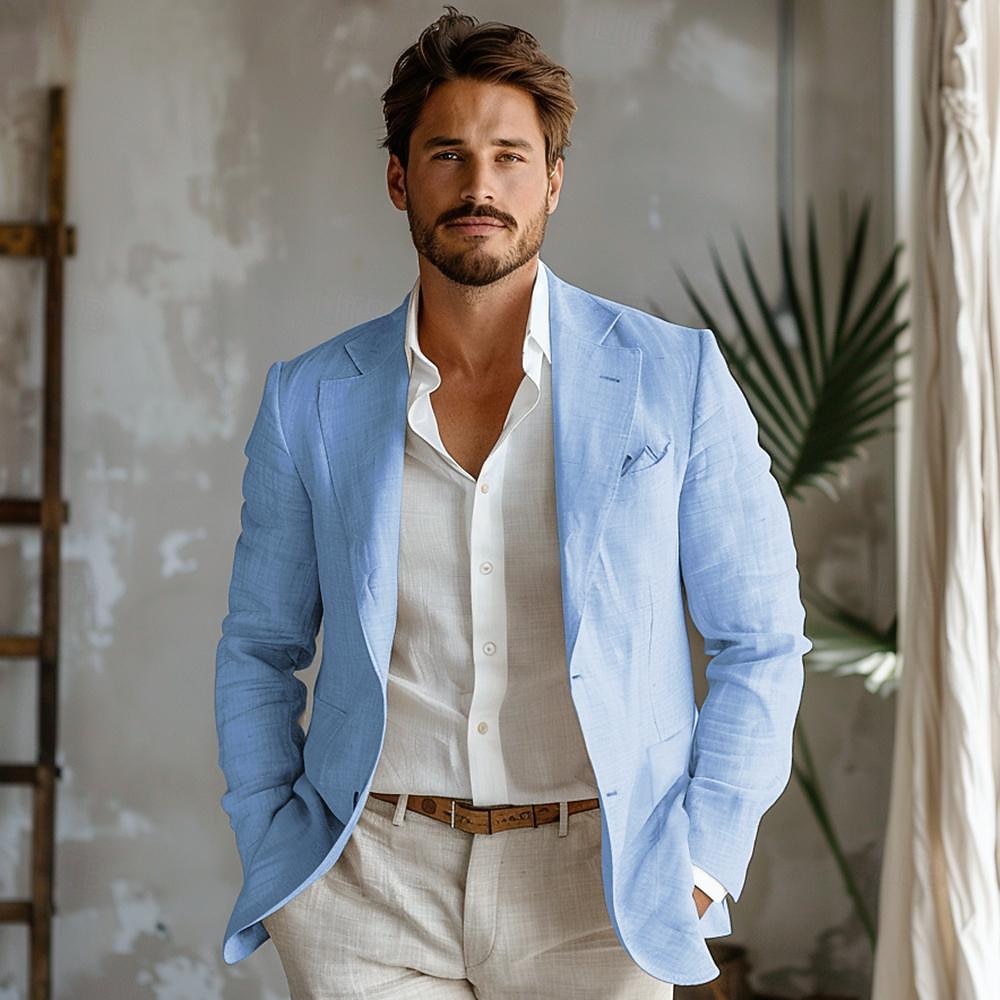 Herr Kavajjacka Bröllop Fest Årsdag Sommar Vår Linne Ensfärgat Enkelknäppt med Ett Knapphål Blazer Svart Marinblå Blå Beige 2025 - $50.99 -P2