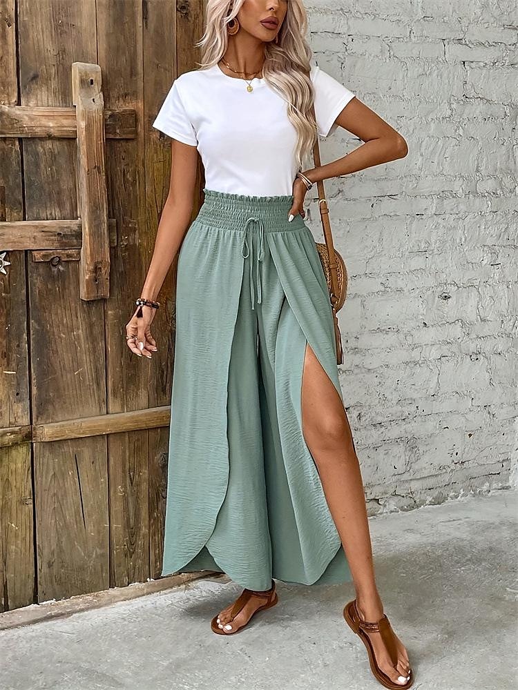 Femme Ample Pantalon Mode Longue Plein Cordon Fendu Respirabilité Confortable Micro-élastique Casual Quotidien Vert Printemps été Ample de 2025 ? $27.99 –P5
