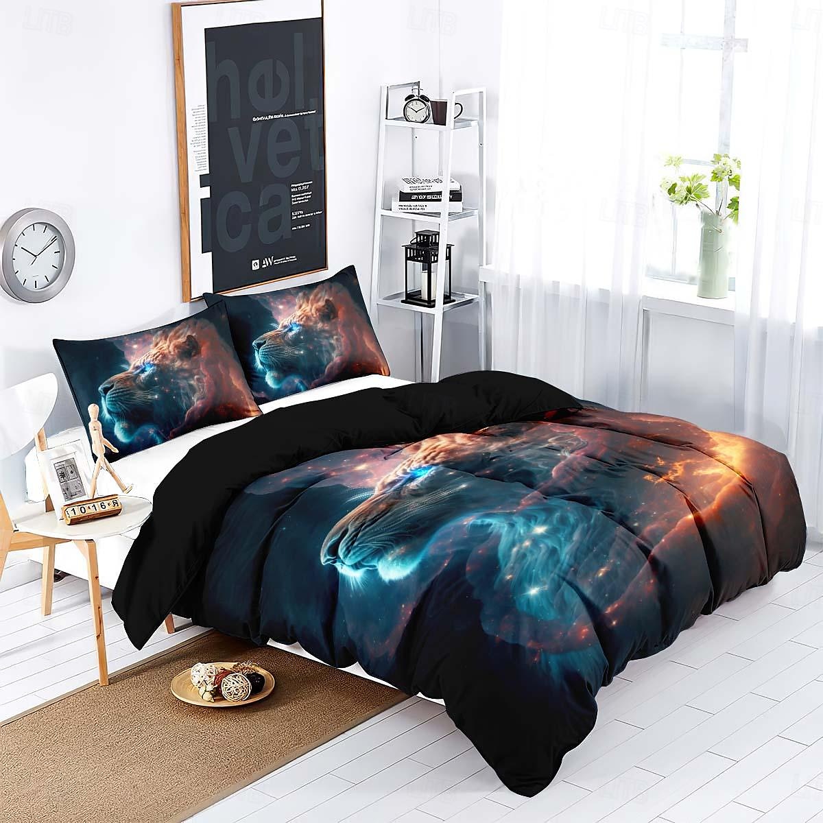 kleurrijke neon leeuwenkop 3-delige donzen dekbedovertrekset voor hotelslaapkamer gastenkamers bdding comfortset 2025 - $45.99 –P10