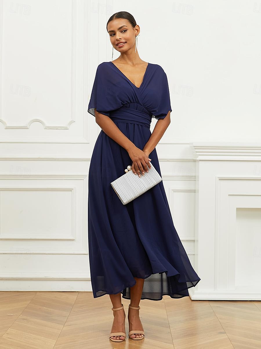 Robe Trapèze Femme Robe mi-longue Ruché Ceinturé robe demoiselle d honneur Soirée Cocktail Elégant Grande occasion Une Epaule Sans Manches Ample bleu marine S M L XL 2XL de 2025 ? $63.99 –P9