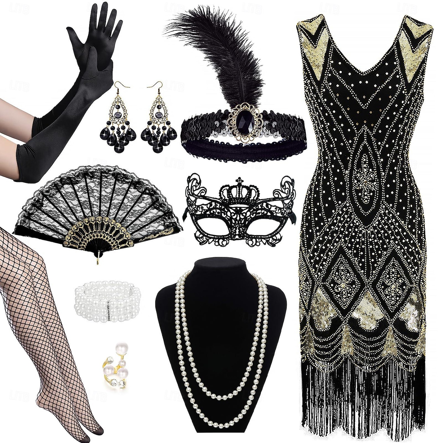 Set Urlați 20 de ani Anii 1920 Lungime Genunchi Rochie Flapper Ținute Rochie de bal cu accesorii Fără mâneci Gatsby Charleston Invitat la nuntă Paiete Franjuri Pană În V Costume de fancy Pentru femei 2026 - $49.99 –P2