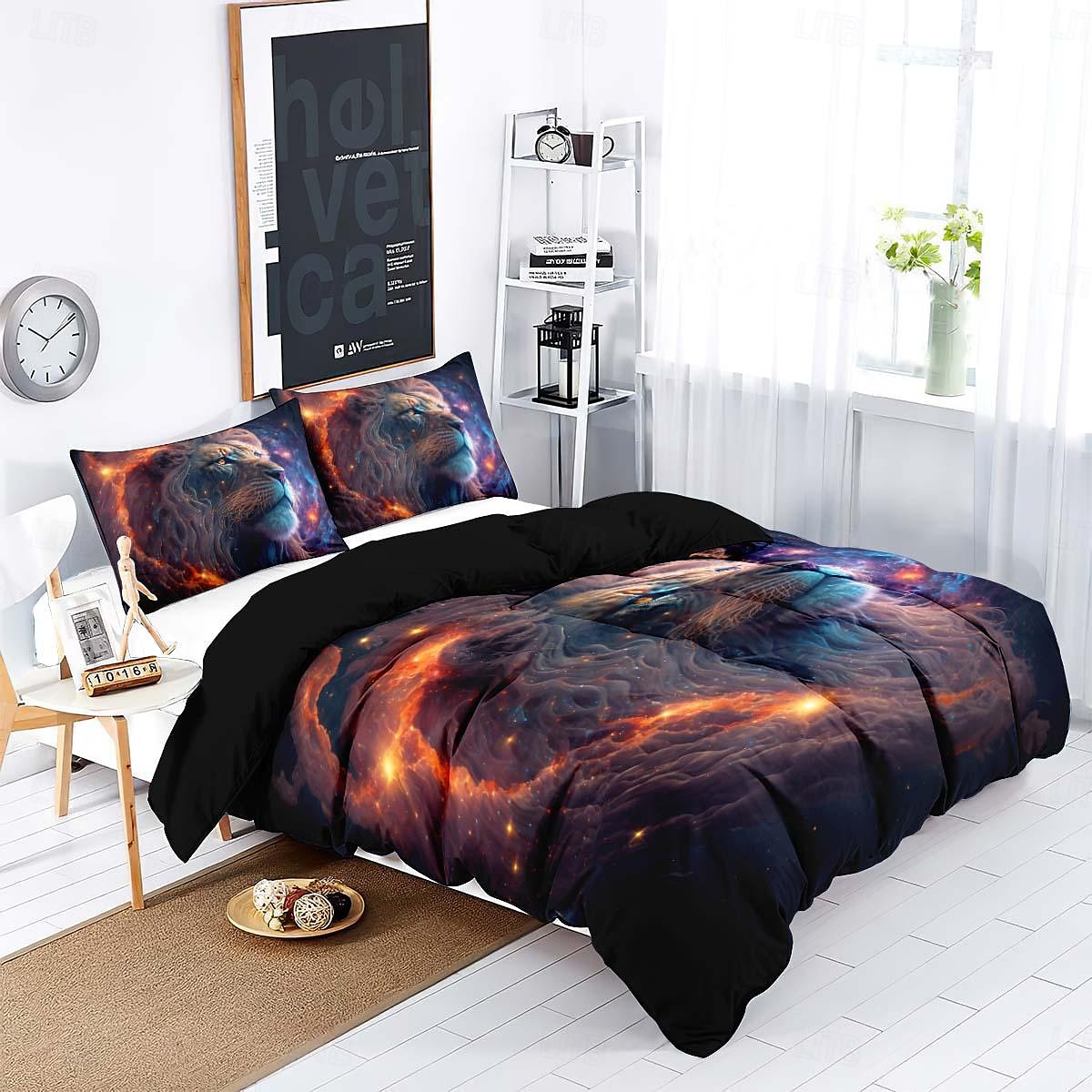 kleurrijke neon leeuwenkop 3-delige donzen dekbedovertrekset voor hotelslaapkamer gastenkamers bdding comfortset 2025 - $45.99 –P6