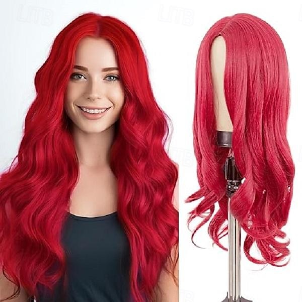 lunghe parrucche bionde con riga centrale parrucca ondulata con frangia parrucca sintetica in fibra naturale resistente al calore per feste evento cosplay uso quotidiano parrucche di carnevale del 2025 a $25.99 –P3