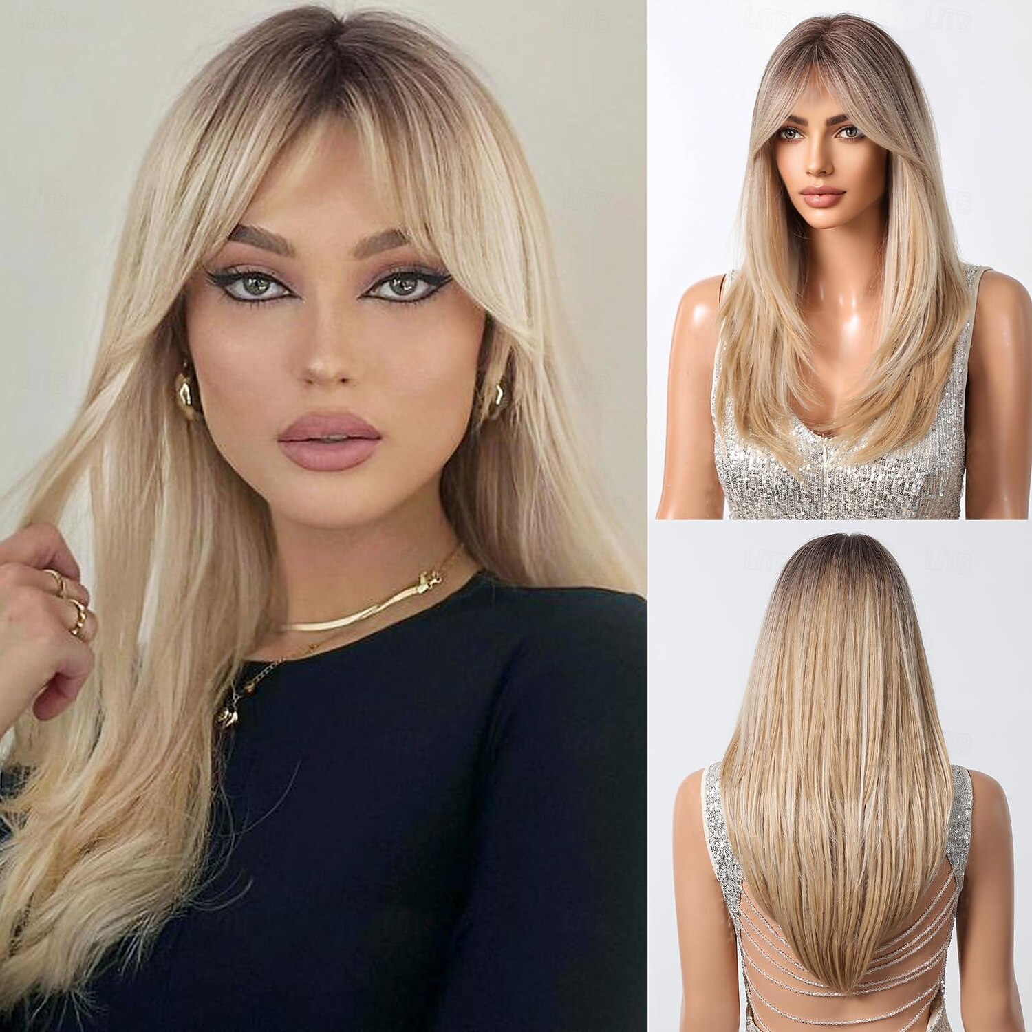 peruca loira ombre para mulheres peruca longa reta em camadas com franja cabelo sintético com destaque perucas de carnaval de 2025 por $20.99 –P1