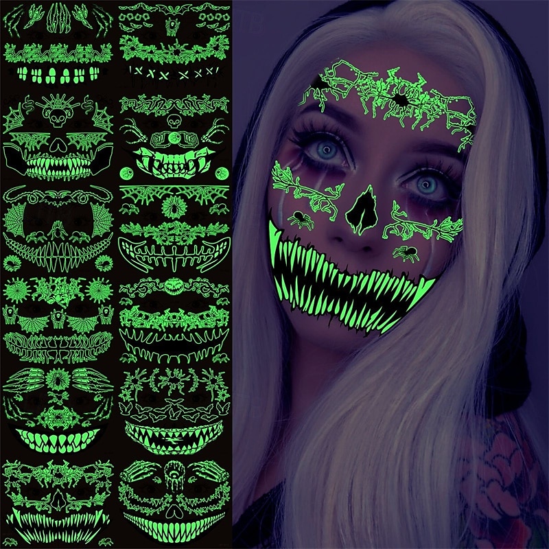 12 bucăți autocolant de tatuaj amuzant de groază de Halloween, care strălucește în întuneric, autocolant pentru față, autocolant rezistent la apă pentru cicatrice de păianjen 3d 2025 - $21.99 –P14