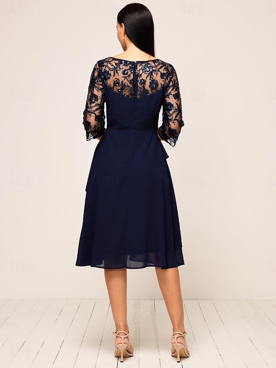 Damen Dunkelmarine Sommer Frühling Midikleid A Linie Kleid Elegant Hochzeitsgast Cocktailparty Lässiger Schnitt Einfach Rundhalsausschnitt 2025 - $69.99 –P5