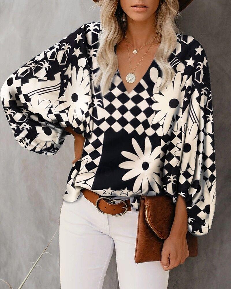camicetta da donna camicetta casual stampa floreale manica a lanterna manica lunga top regolari scollo a V vacanza quotidiano nero arancione cachi primavera&amp; estate del 2025 a $23.99 -P3
