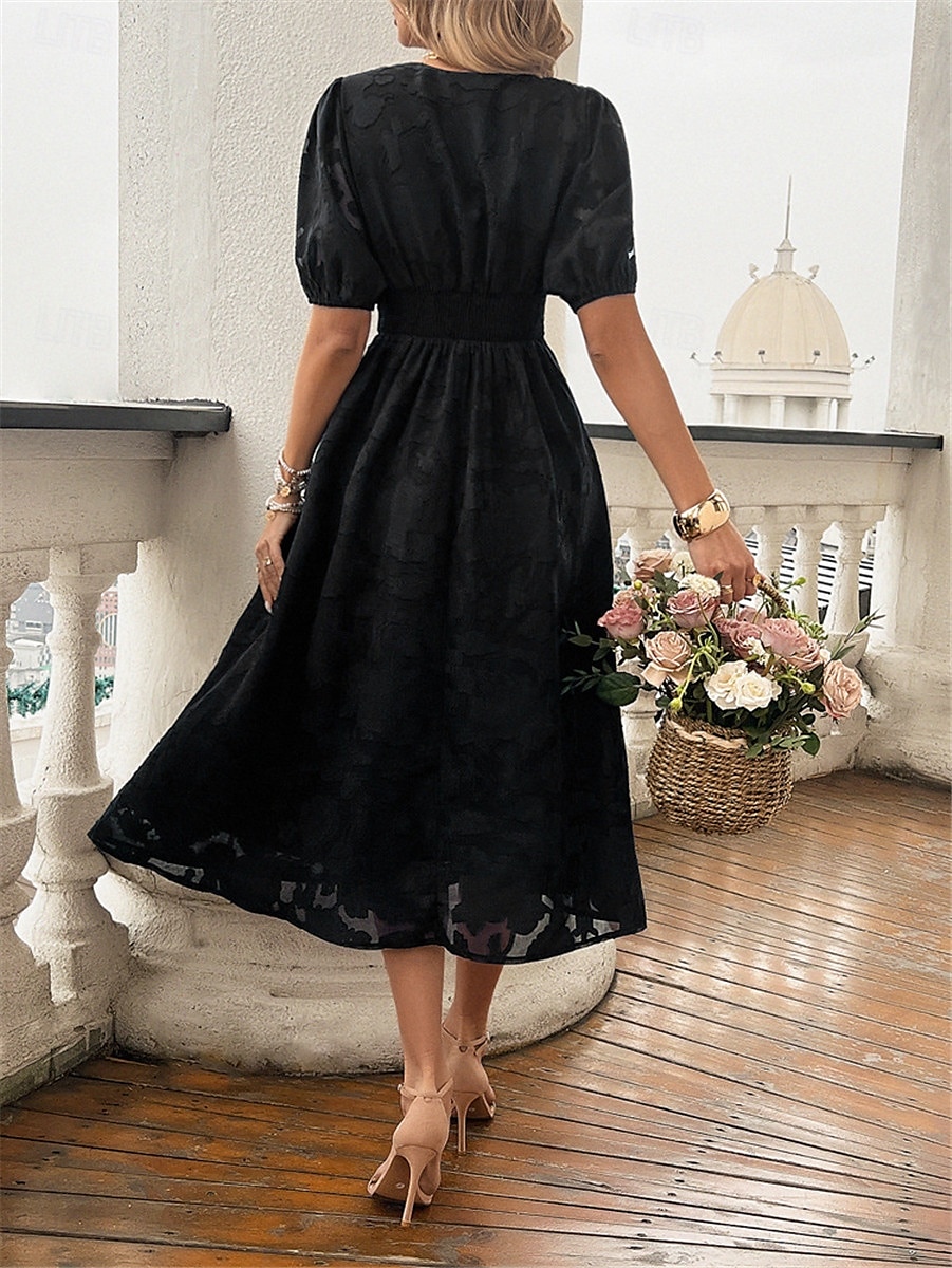 Dames Kanten jurk Halflange jurk Kant Lapwerk Feest Bruiloft gast Cocktailparty Elegant Streetwear V-hals Korte mouw Zwart Rood Marineblauw Kleur 2025 - $42.99 -P18