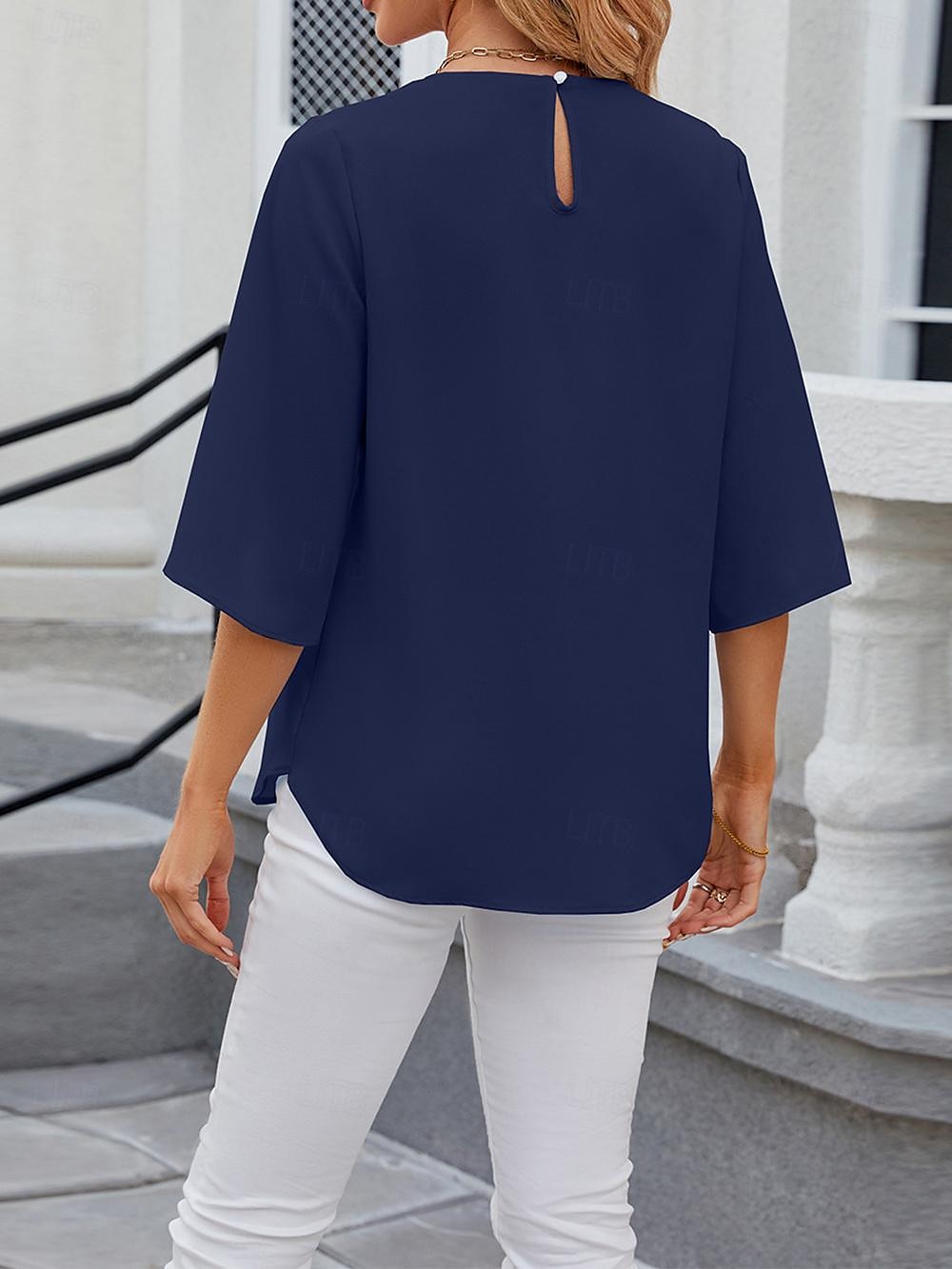 Shirt Blouse Women's White Pink Wine Plain Sexy Street Daily Fashion Round Neck Regular Fit S 2025 - $29.99 –P16