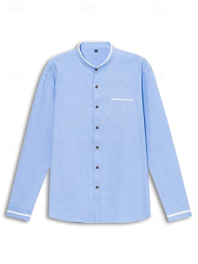 Men's Band Collar Shirt Dress Shirt Oxford Shirt Solid / Plain Color Wedding White Blue Gray Light Blue Long Sleeve Standing Collar Spring &  Fall Clothing Apparel 2025 - CAD $30.99 –P4
