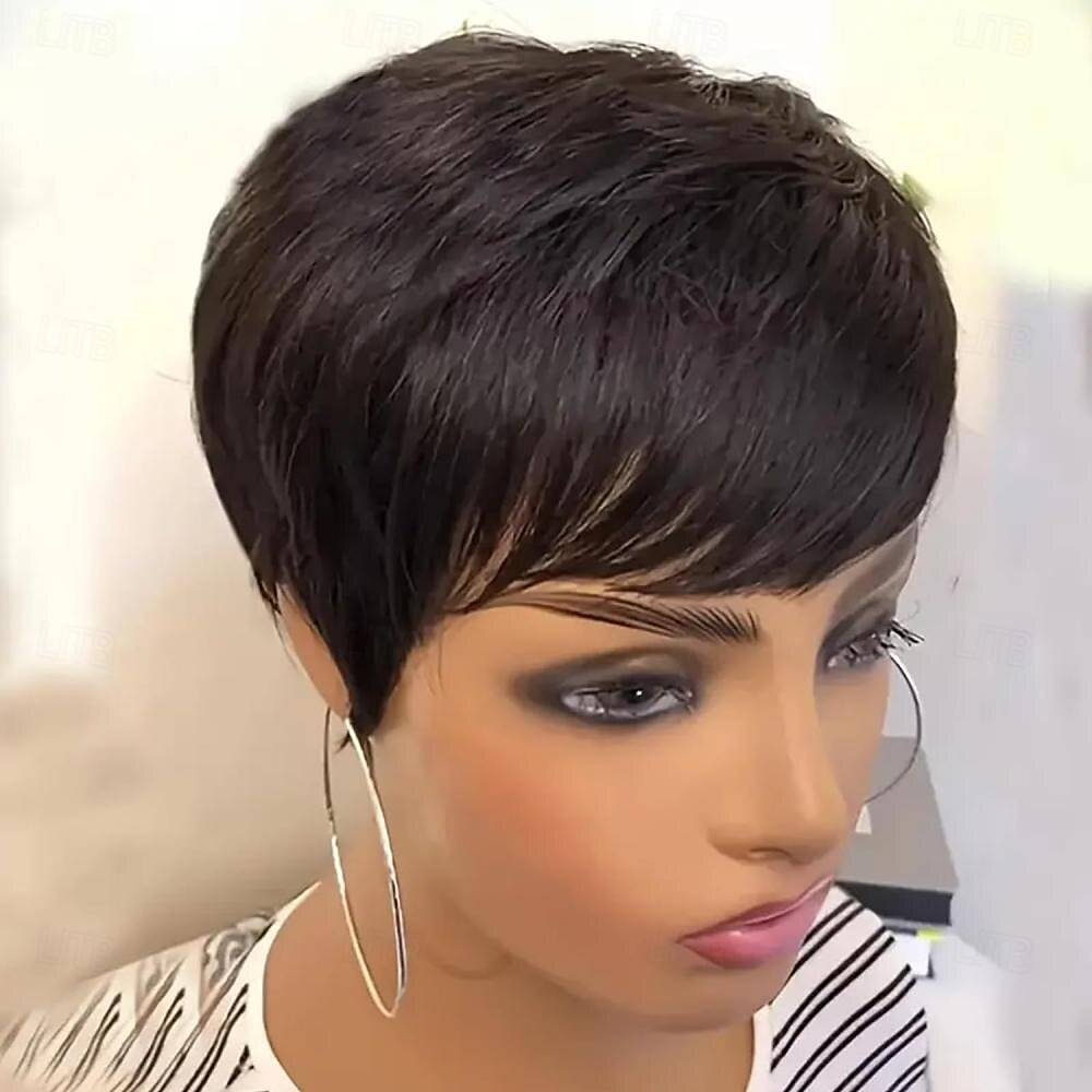 Pixie Cut Wig Human Hair Wigs For Black Women Short Human Hair Wigs with Bangs Pixie Cut Short Straight Black Wigs Full Machine Made Glueless Wigs 2025 - $44.99 –P5
