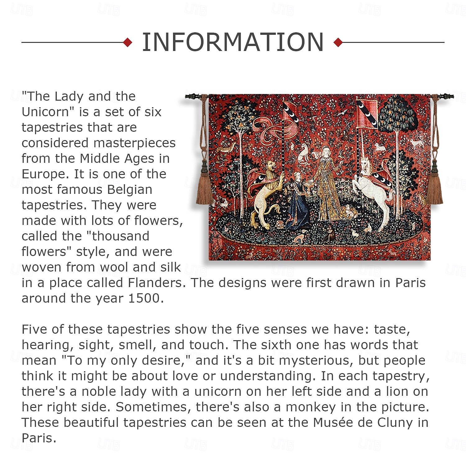 Jacquard Woven Medieval Tapestry Gobelin Aubusson The Lady and The Unicorn Loom Cotton Weave Wall Art Hanging Larger Tapestry Historic Middle Ages Tapestry Reproduction (without tassels and rod) 2025 - $91.99 –P3