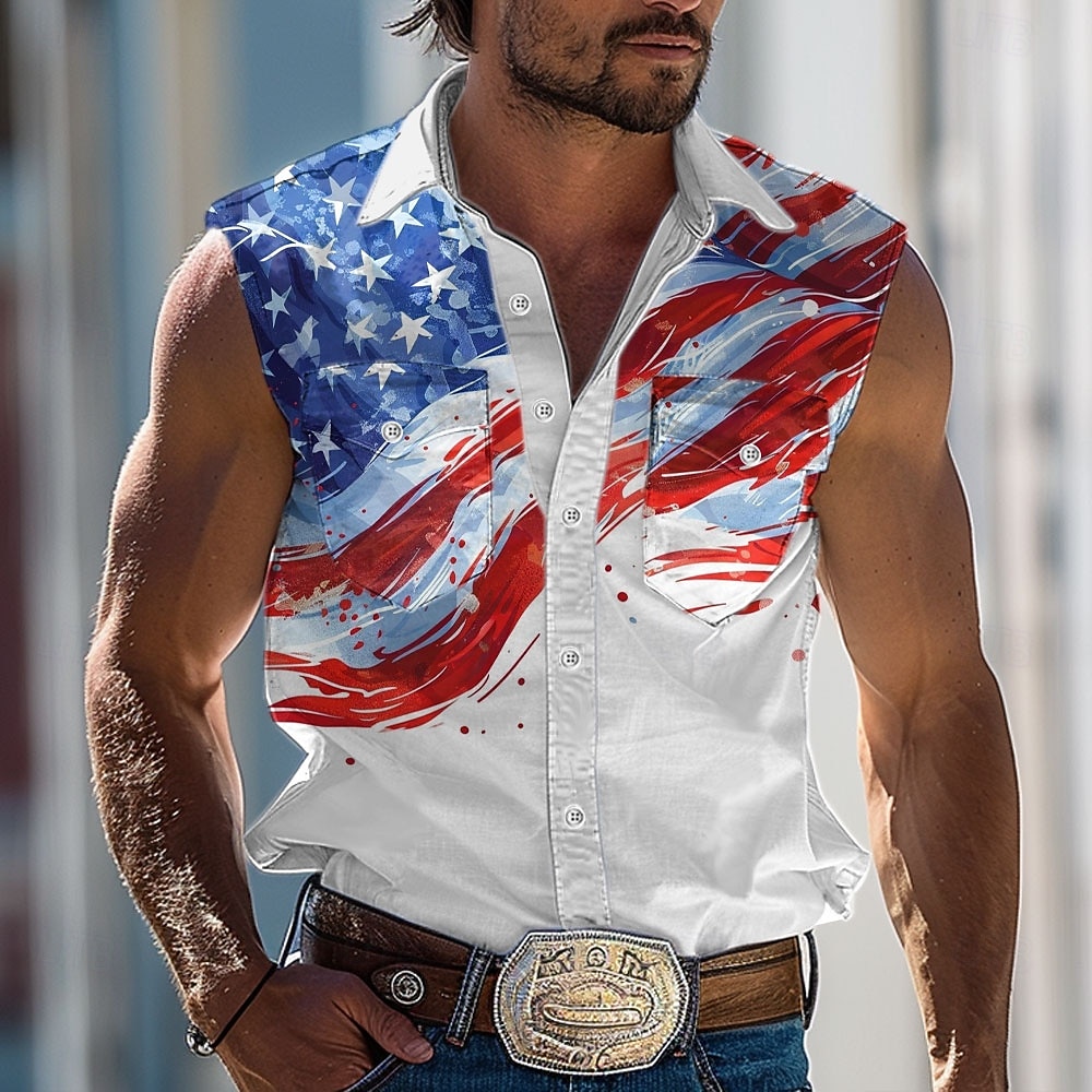 Bărbați American / SUA Steag Național Cămașă Cămașă occidentală Cămașă de cowboy Fără manșon stil vestic În aer liber Petrecere Muncă Vară Primăvară Guler Cămașă Alb 2026 - $29.99 –P1