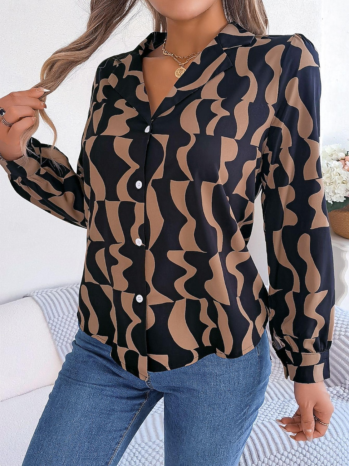 Dame Skjorte Bluse Fargeblokk Stilfull Moderne Langermet Skjortekrage Arbeid Knapper Svart Brun Kakifarget Vår Høst 2025 - $29.99 –P9