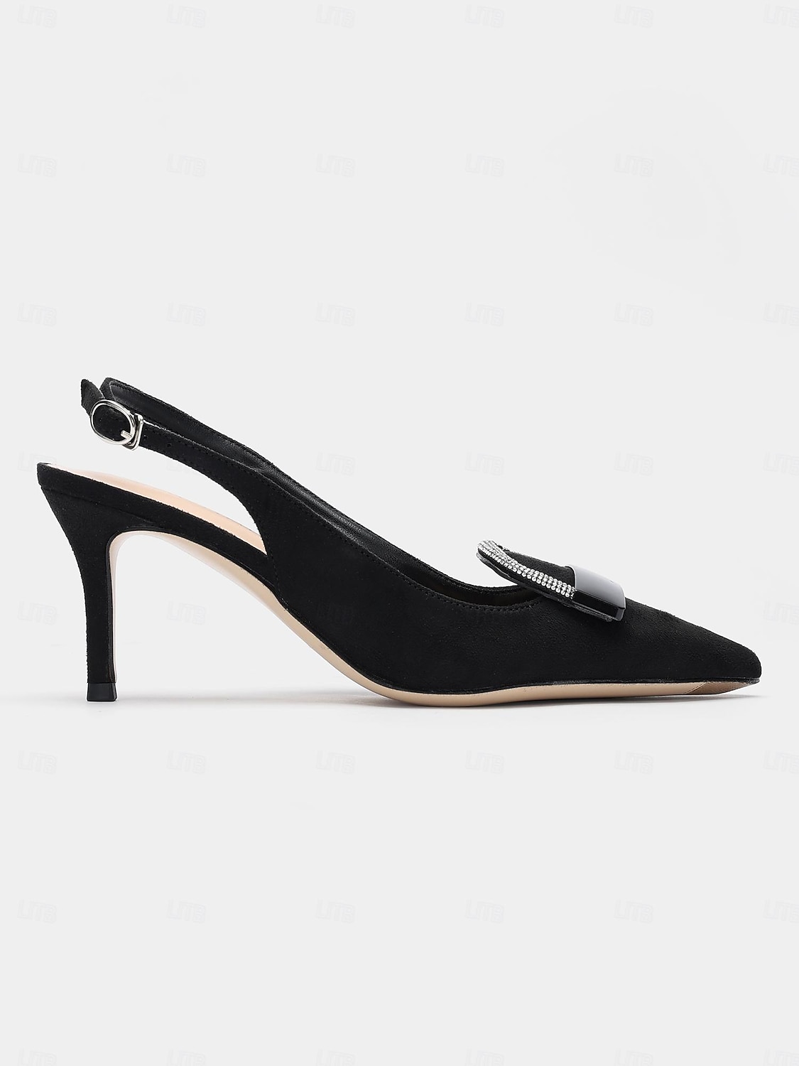 női fekete hegyes orrú slingback sarkú cipő dekoratív csattal - elegáns magassarkú pumpák irodai és esti rendezvényekre 2025 - $59.99 –P2