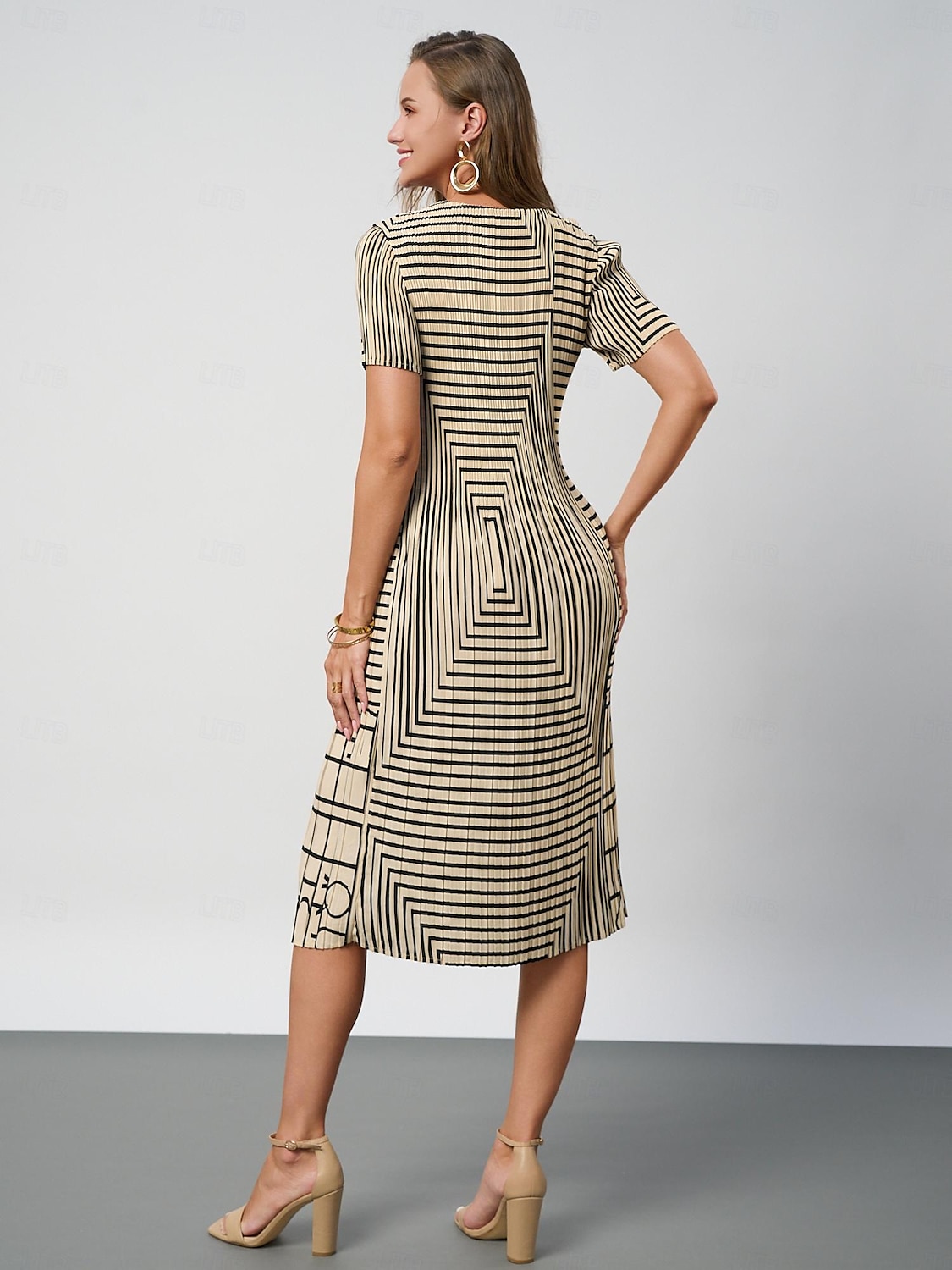 Dame Midikjole Skiftkjole Elegant Fritid Arbeid Daglig Løstsittende Stripe Kortermet Crew-hals Svart Kakifarget Sommer 2025 - $39.99 –P8