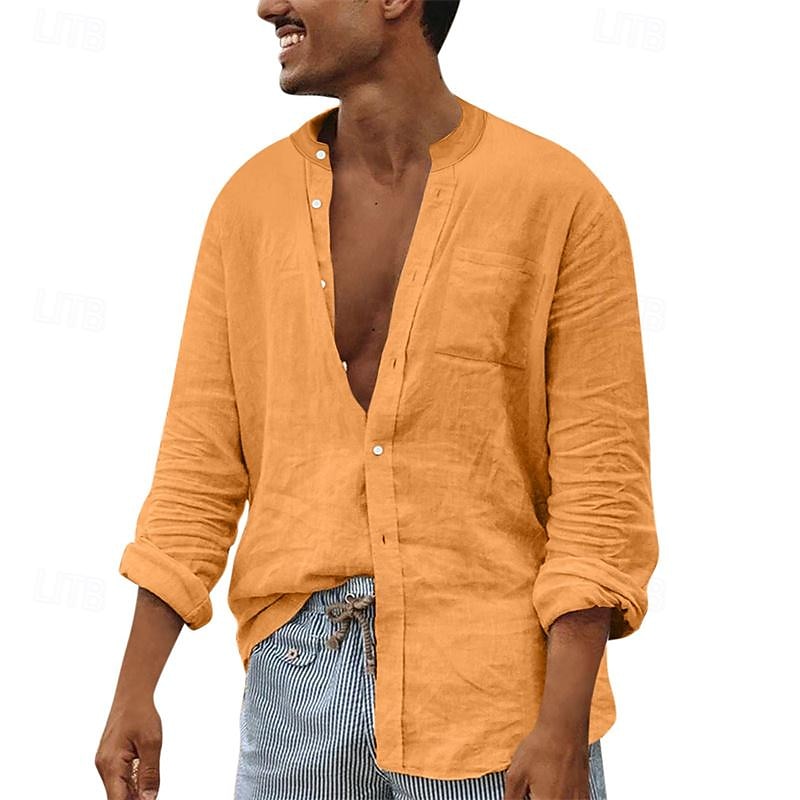Per uomo Camicia Camicia Estiva Camicia casual Camicia da Spiaggia Camicia con Bottoni Nero Bianco Blu marino Marrone Kaki Manica Lunga Semplice Colletto alla coreana Vacanza Camicia hawaiana Tasca del 2025 a $30.99 –P13