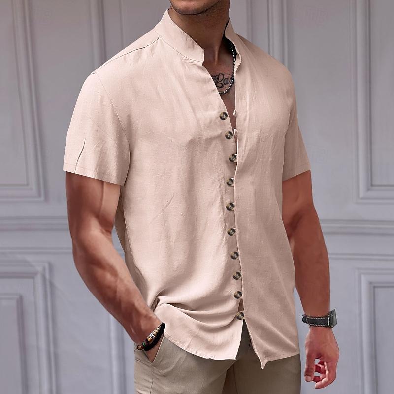 Miesten Paita pellava paita Kiinalainen kauluspaita Mandarin kauluspaita Rento paita Button Up paita Tavallinen Loma Katu Musta Valkoinen Punastuvan vaaleanpunainen Khaki Lyhythihainen isoisän kaulus 2025 - $24.99 –P6