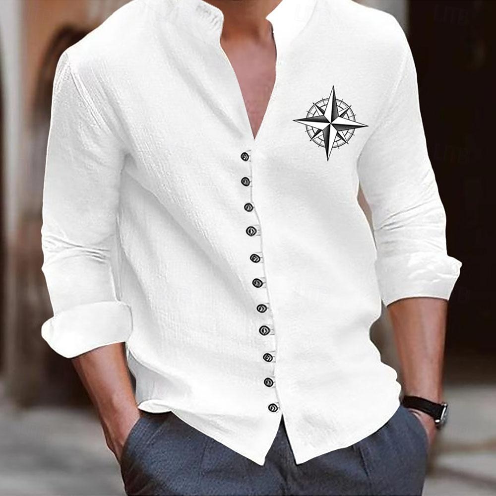 Voor heren Strand hemd Grafisch overhemd Kompas Vakantie Zakelijk / ceremonie / bruiloft Zwart Wit khaki Grijs Lange mouw Opstaande boord Lente zomer Kleding Button-omlaag 2025 - $4.59 –P3