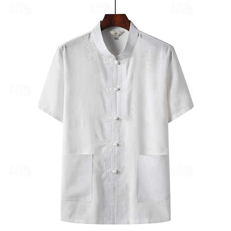 Men's T-shirt Suits Shirt and Pant Sets 2 Pieces Outfits Short Sleeve Standing Collar Summer Chinese character Fashion Chinese Style Casual 2 Piece Vacation Daily Wear Going out White Beige Gray Top 2025 - $31.99 –P6