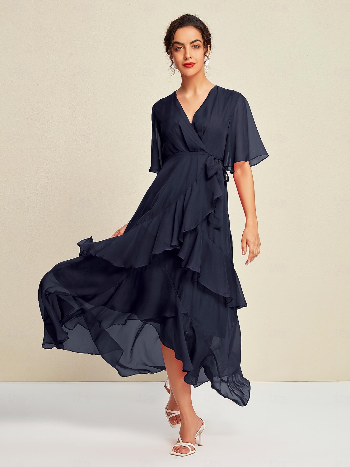 maxi abito in chiffon con maniche a volant non corrispondenti per gli invitati al matrimonio del 2025 a $79.99 –P1