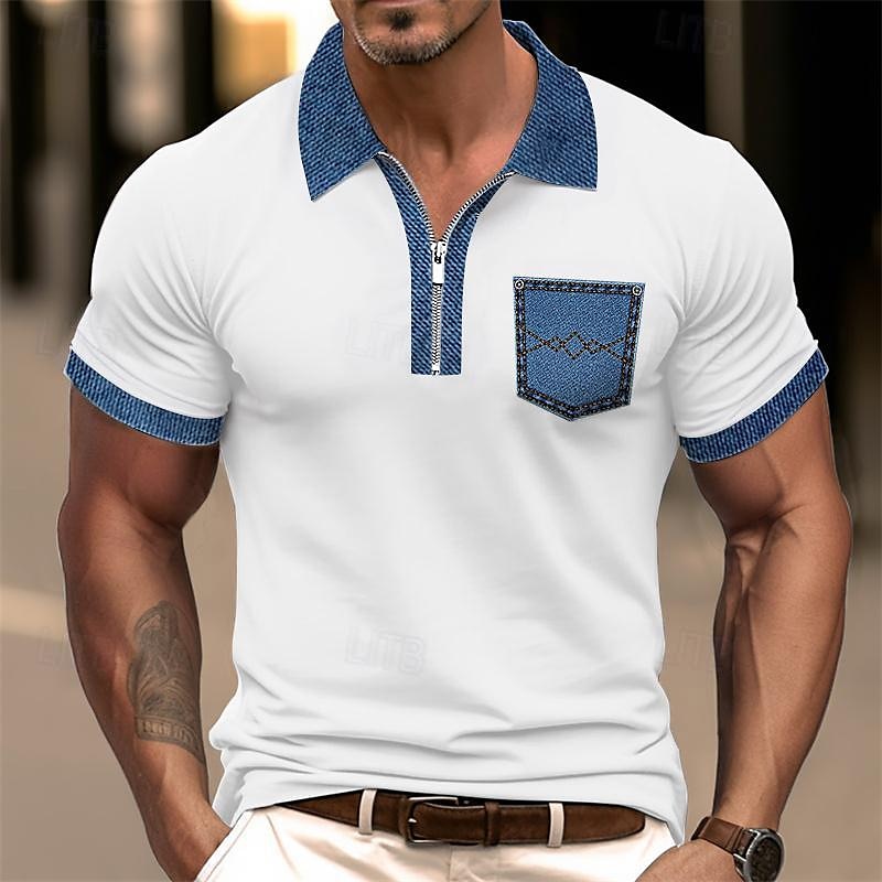 Herren Poloshirt Golfhemd Casual Festtage Kargen Viertel Postleitzahl Kurzarm Modisch Basic Farbblock Viertel Postleitzahl Sommer Regular Fit Hellblau Schwarz Weiß Khaki Hellgrau Poloshirt 2025 - $13.99 –P1