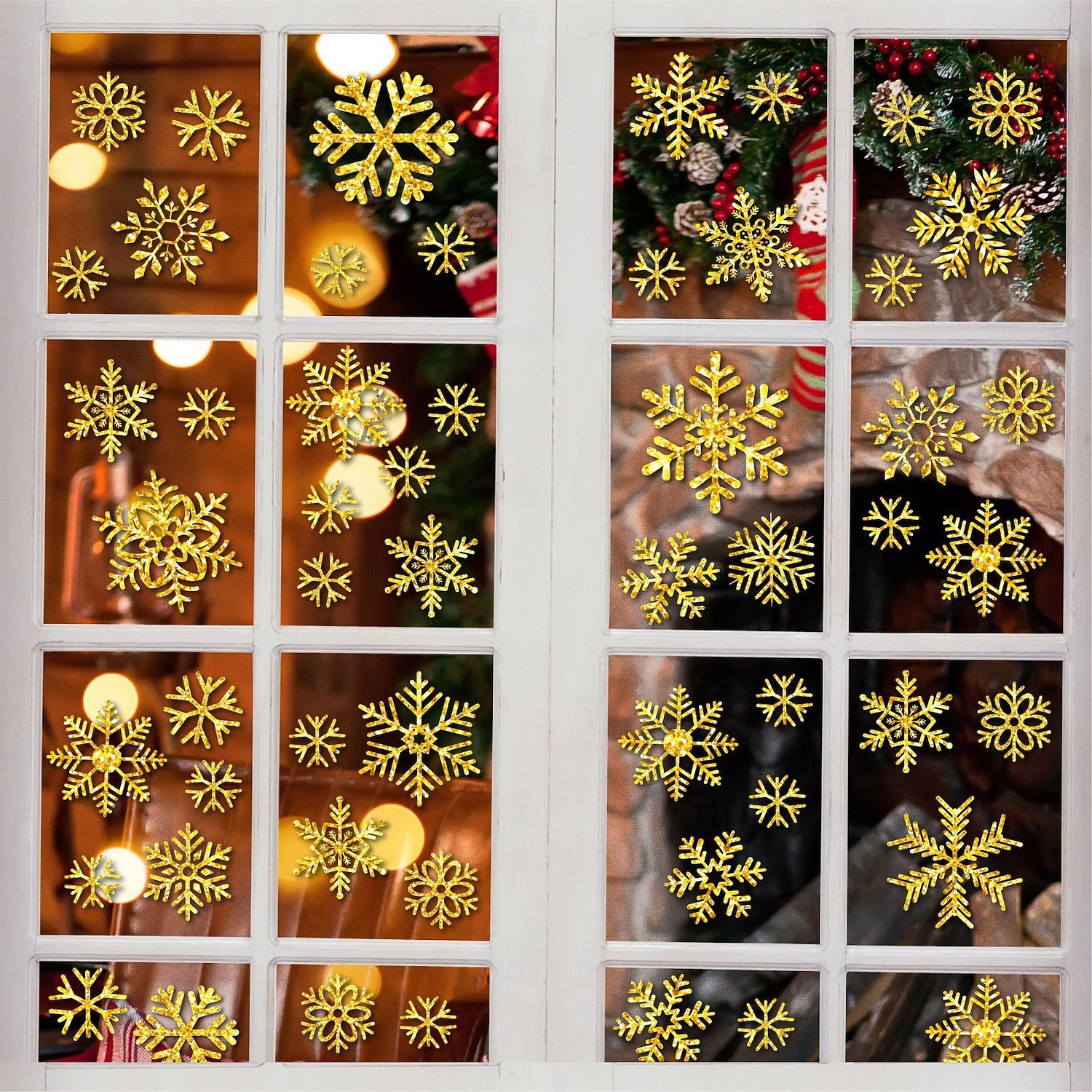6 hojas de calcomanías de ventana y pegatinas de pared con copos de nieve: adhesivo estático dorado y plateado brillante, vidrio festivo y decoración de pared para Navidad, perfecto para ventanas, espejos y decoración del hogar 2026 - $10.99 –P4