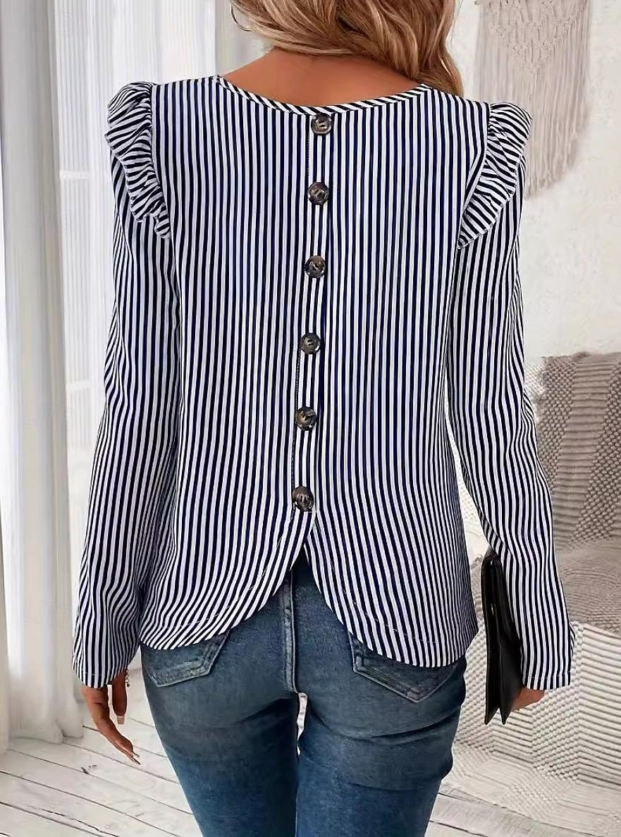 Women's Tunic Striped Stylish Long Sleeve Crew Neck Work Daily Ruffle Asymmetric Hem Blue Spring Fall 2025 - $29.99 –P1