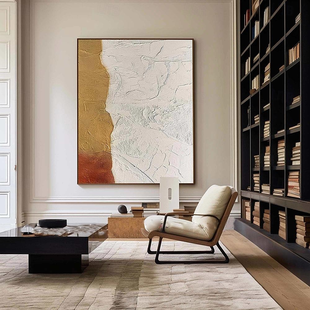 peinture à l'huile à texture dorée art mural fait à la main une paire de peintures minimalistes dorées et blanches sur toile grande peinture à texture dorée art mural minimaliste blanc de 2025 ? $108.99 –P4