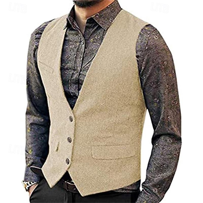 Voor heren Vest Bruiloft Evenement / Feest Dagelijks Modieus Zakelijk Lente zomer nappi Zak Polyester Comfortabel Effen Kleur Enkele knoopsluiting één knoop V-hals Normale pasvorm Zilver Donker Bruin 2025 - $38.99 –P4