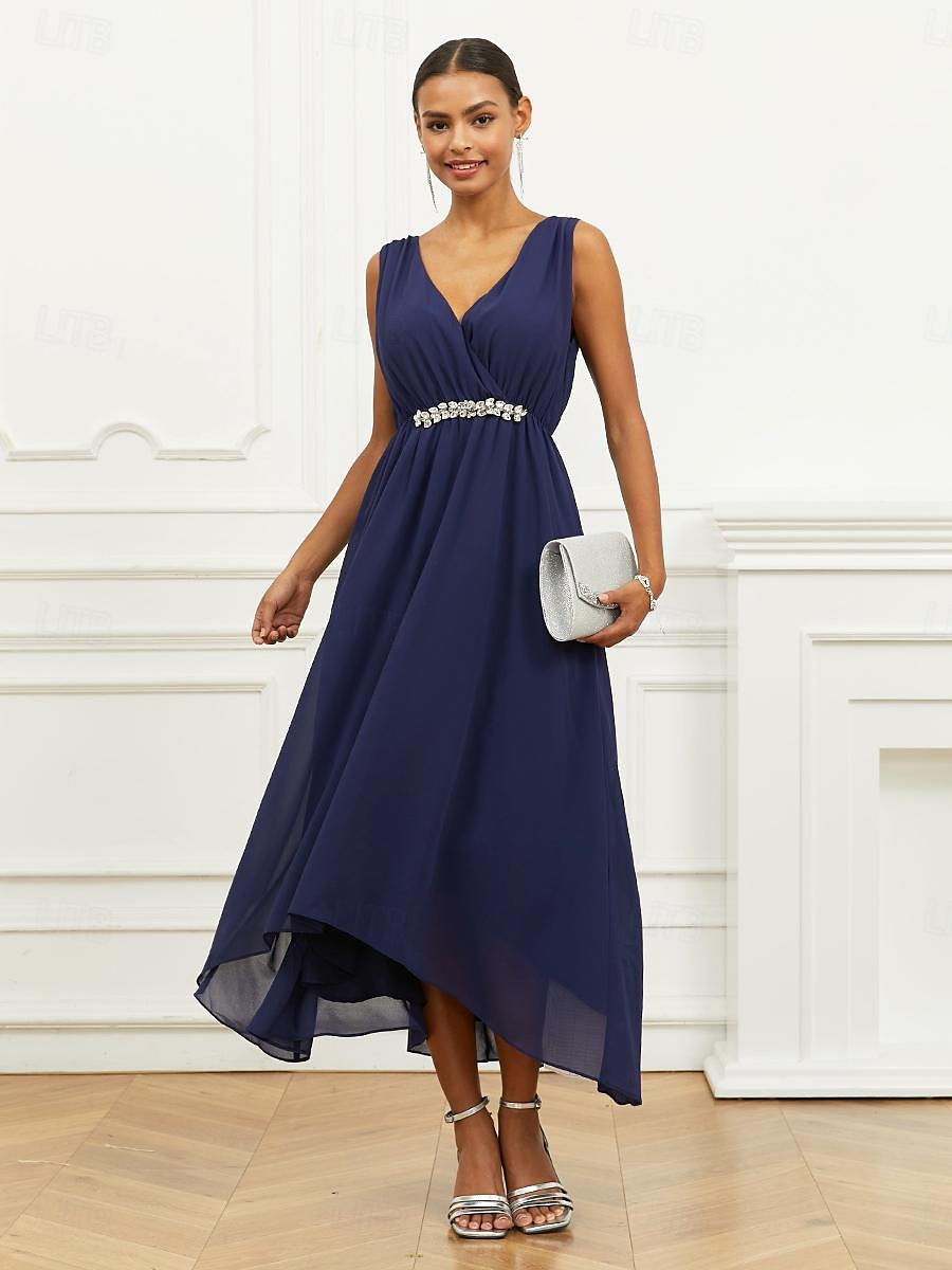 Pentru femei Rochie A line Rochie Maxi Șifon Zdrobit Niveluri Invitat la nunta Petrecere cu cocktail Elegant În V Fără manșon Bleumarin Culoare 2025 - $49.99 –P4